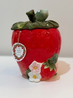 Corner Ruby Strawberry Ceramic Cookie Jar with Green Leaf Lid -